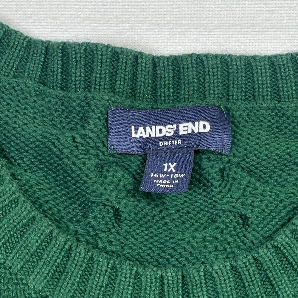 Lands' End Sweater Mens 1X Green Cotton Cable Knit Crewneck Long Sleeve Pullover